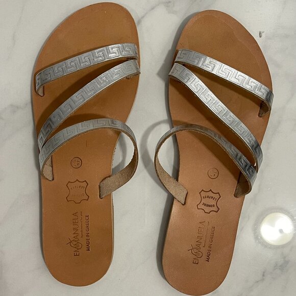 Emmanuela Greek Leather Slide on Meander Sandals "Serifos" (Silver) SIZE 9 - Picture 1 of 5